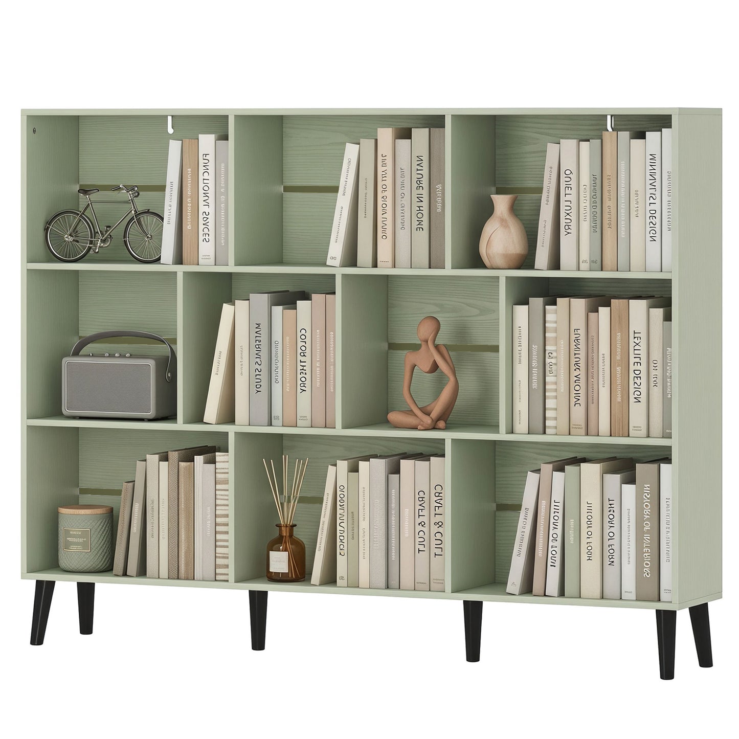 Bookshelf with 10 Cubbies, Book Shelf with Wood Legs, Light Green