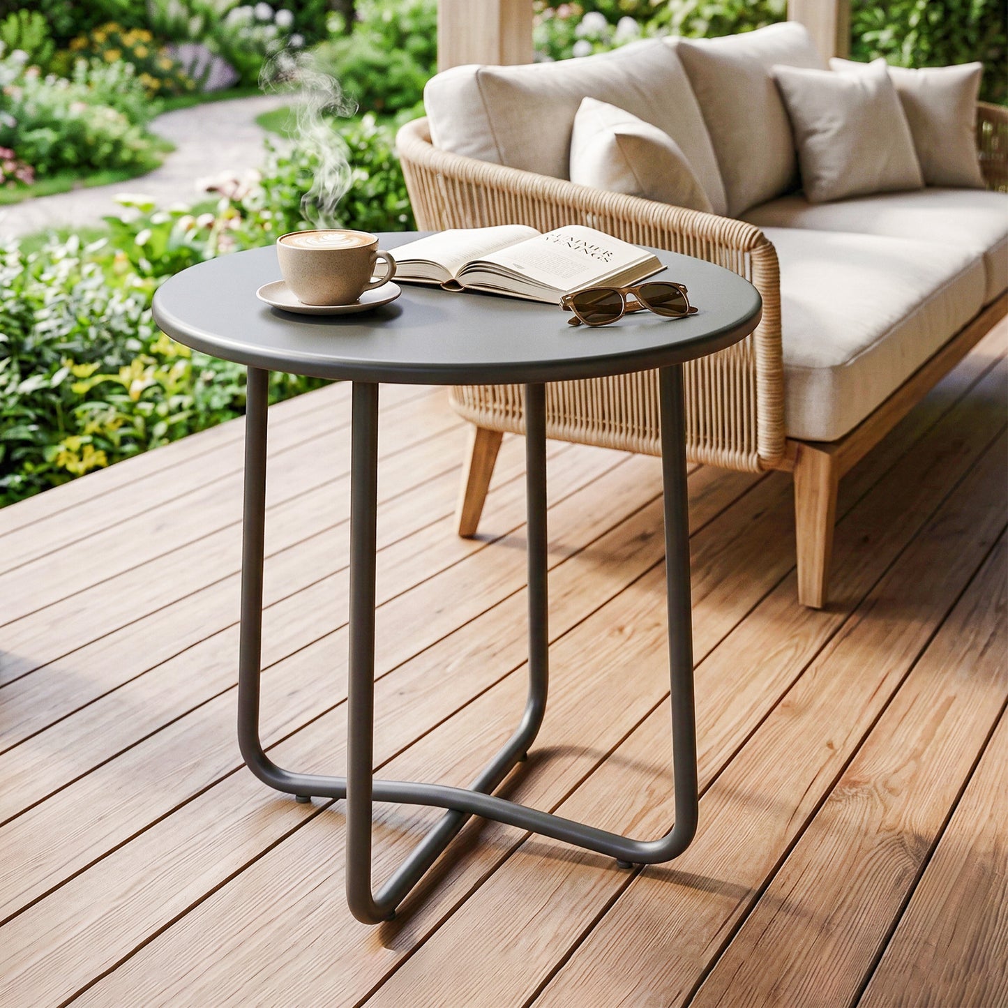 Metal Garden Side Table, 48 cm Round Outdoor Table, Dark Grey
