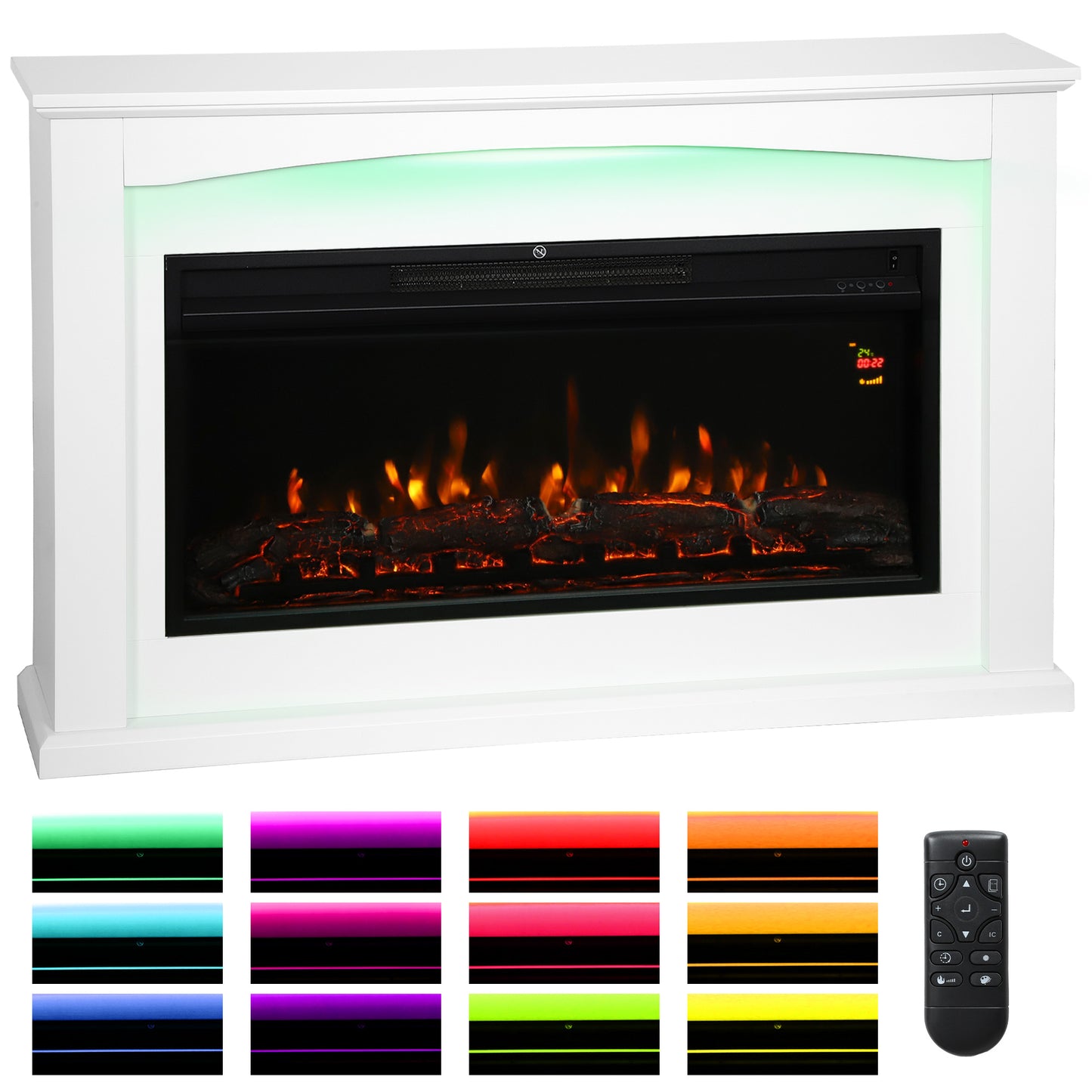 1000W/2000W Inset Electric Mantel & Fire Reach up to 30 m², White