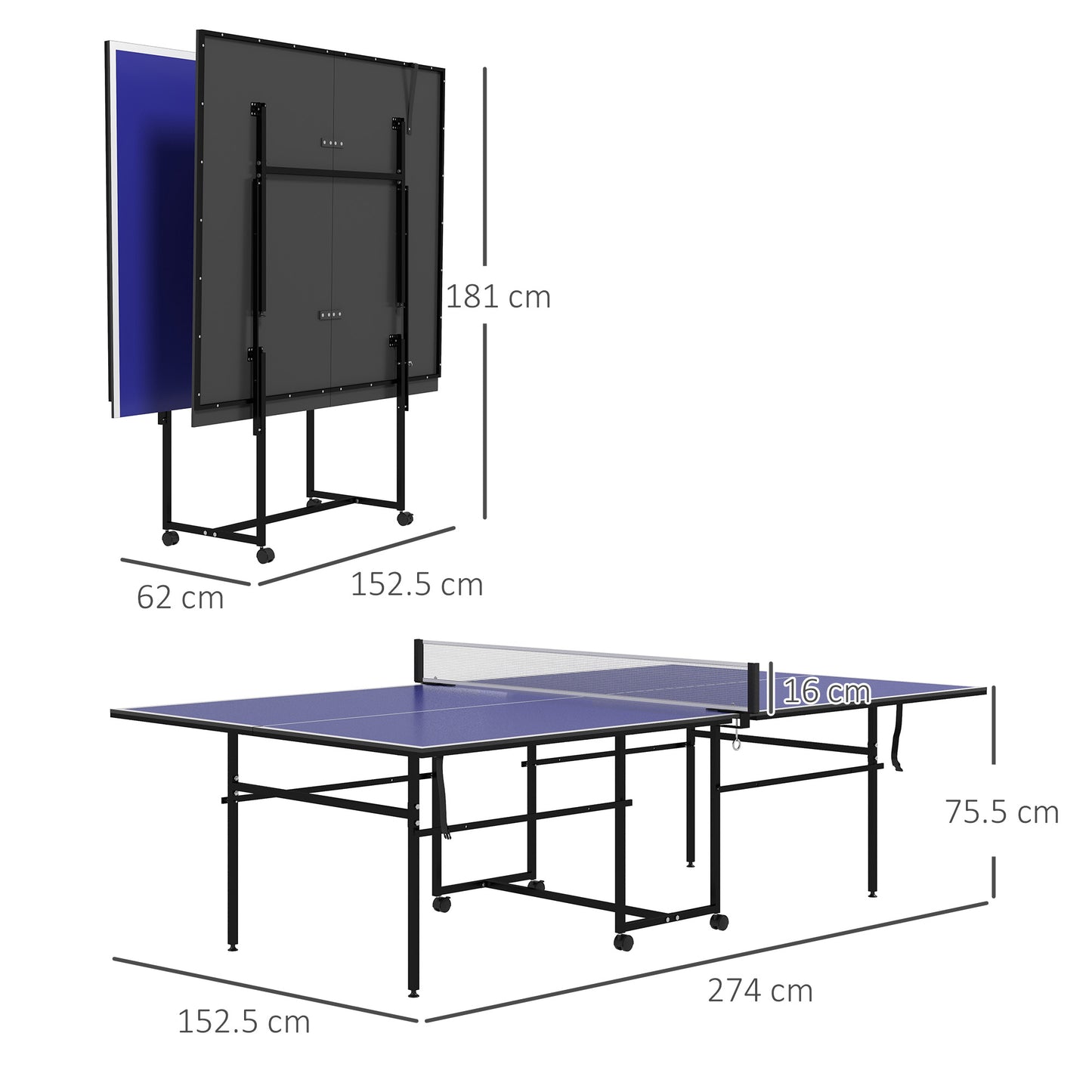 9FT Holding Tennis Table w/ Four Wheels, for Indoors, Blue + Comes with a net, two paddles and three balls