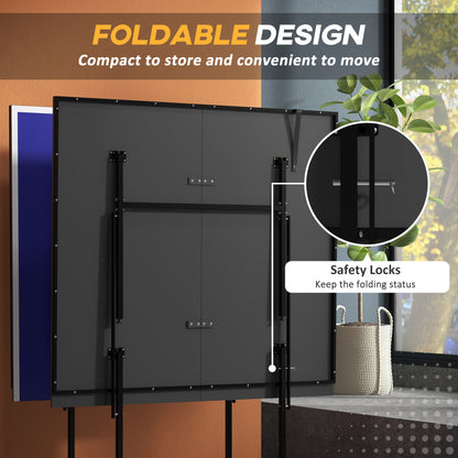 9FT Holding Tennis Table w/ Four Wheels, for Indoors, Blue + Comes with a net, two paddles and three balls