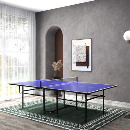 9FT Holding Tennis Table w/ Four Wheels, for Indoors, Blue + Comes with a net, two paddles and three balls