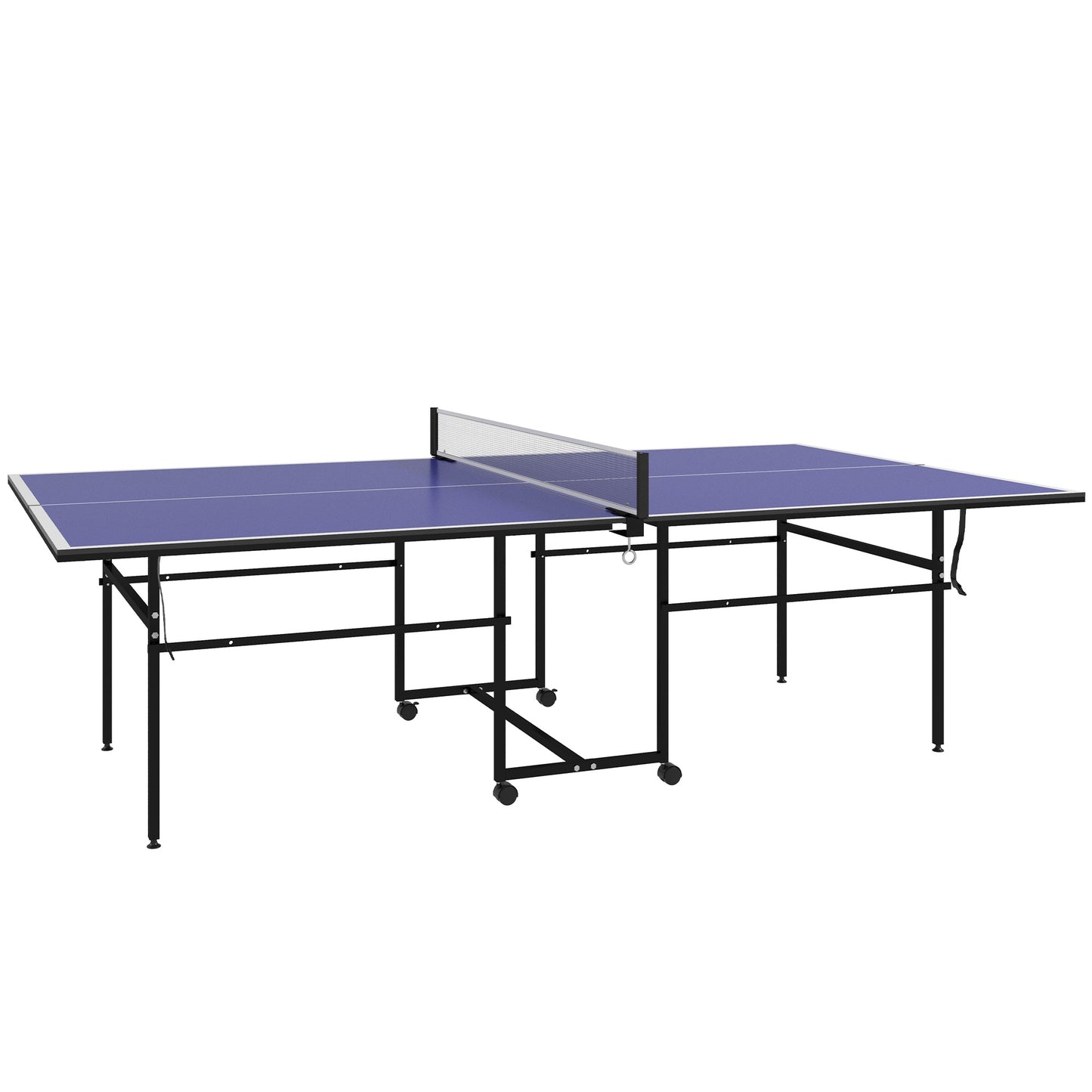 9FT Holding Tennis Table w/ Four Wheels, for Indoors, Blue + Comes with a net, two paddles and three balls
