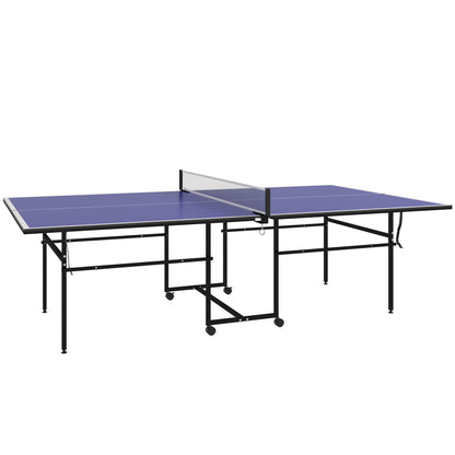 9FT Holding Tennis Table w/ Four Wheels, for Indoors, Blue + Comes with a net, two paddles and three balls