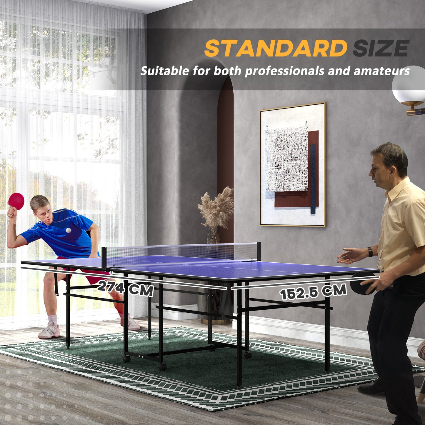 9FT Holding Tennis Table w/ Four Wheels, for Indoors, Blue + Comes with a net, two paddles and three balls