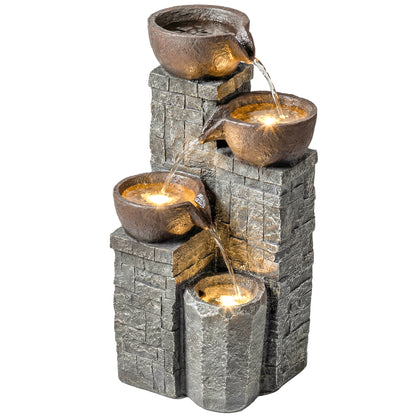 4-Tier Outdoor Fountain with LED Lights, Grey and Rustic Brown