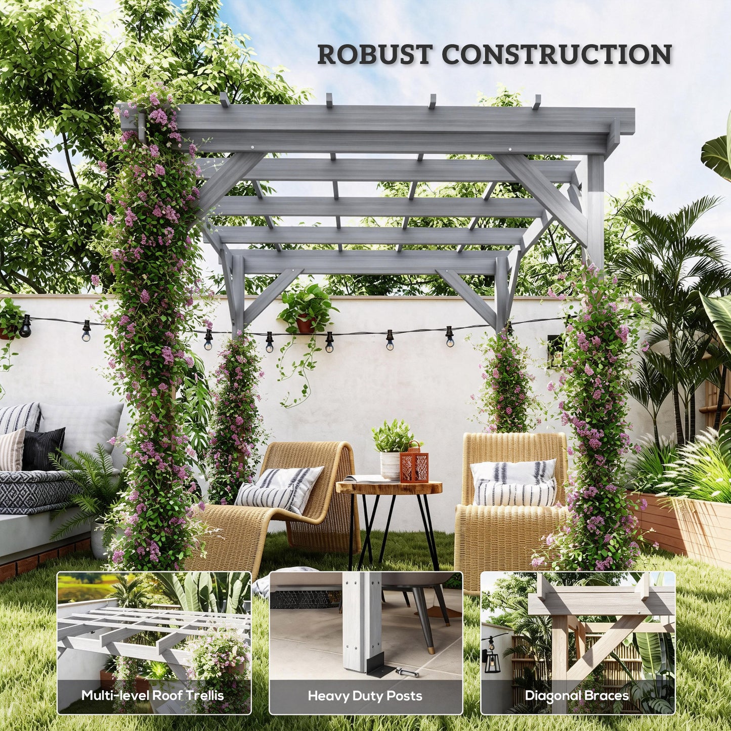 2 x 2m Wooden Pergola Kit, Garden Gazebo Shelter, Grey
