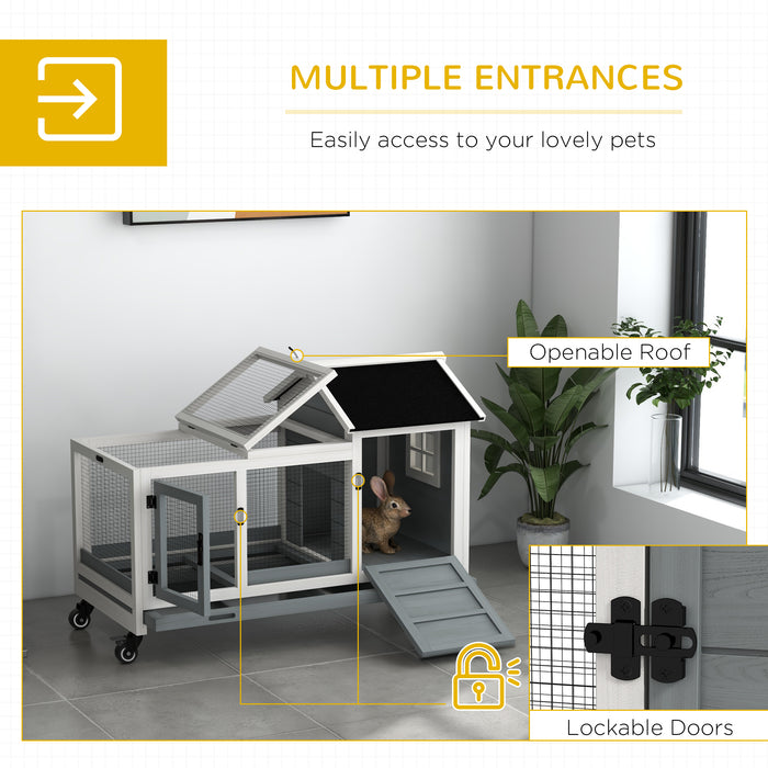 Wooden Rabbit Hutch, Guinea Pig Cage, with Removable Tray, Wheels - Grey