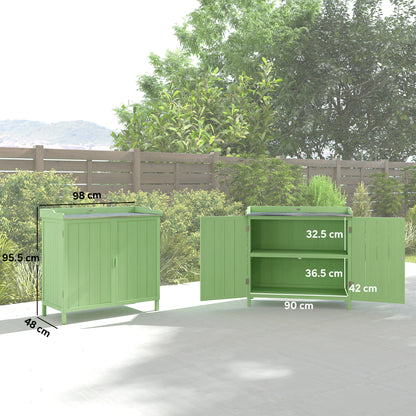 Garden Storage Cabinet Potting Bench Table W/ galvanised Top Green