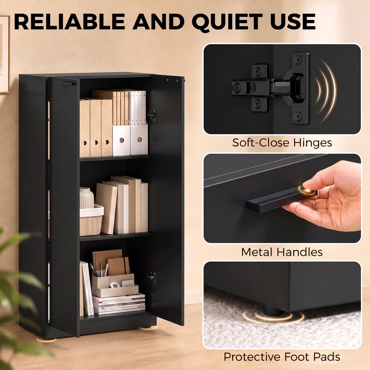 3-Tier Wooden Storage Cabinet Cupboard Tall Soft Close 120 cm Black