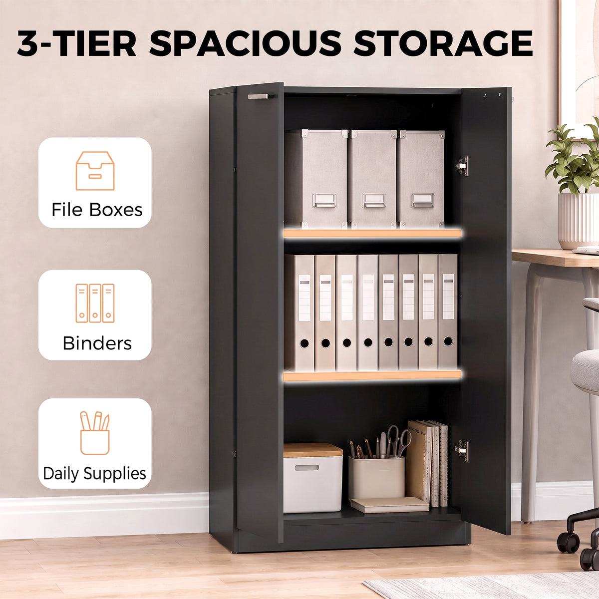 3-Tier Wooden Storage Cabinet Cupboard Tall Soft Close 120 cm Black
