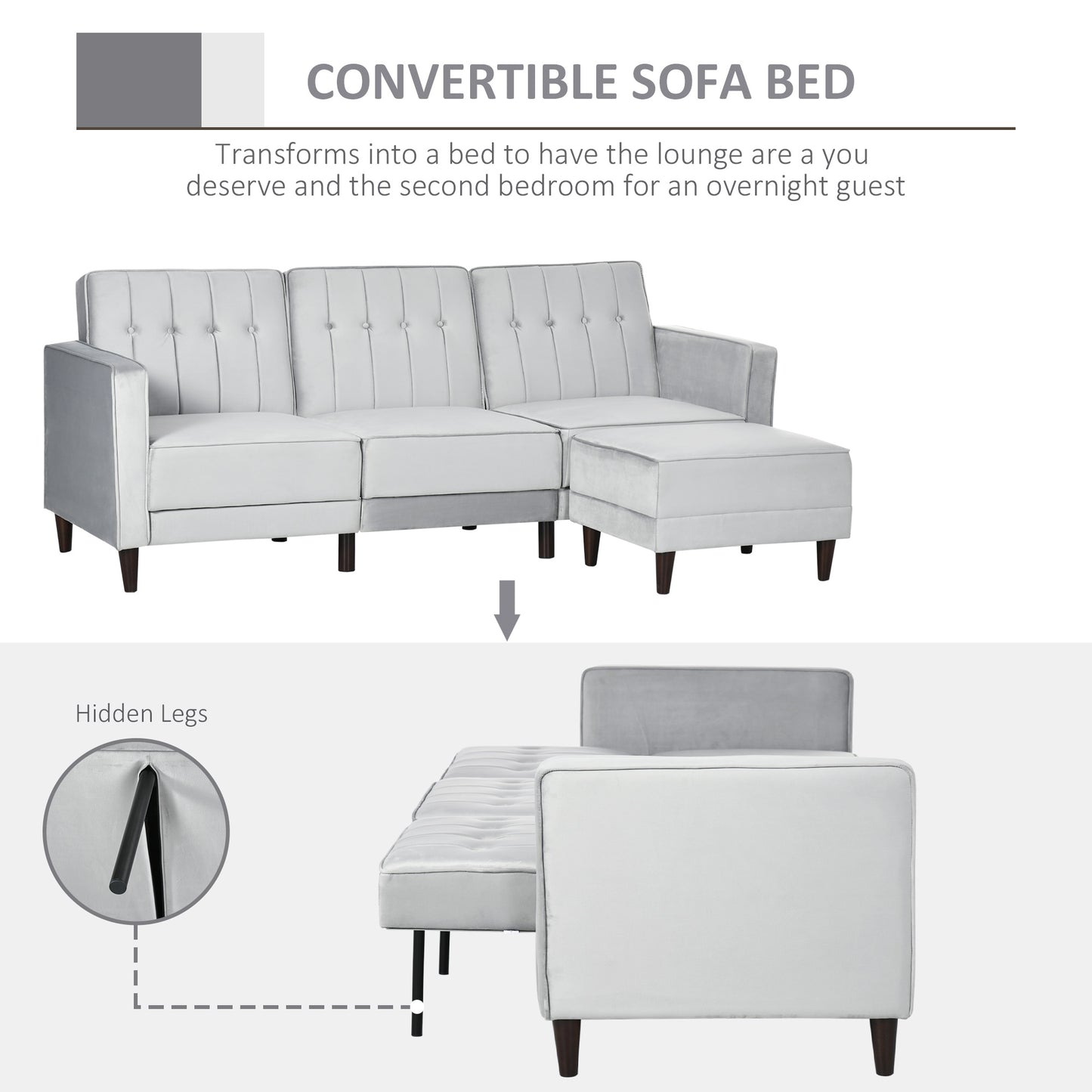 L Shape Sofa Bed Set with 3-Seater Sofa and Footstool, Corner Sofa Bed with Ottoman, Grey