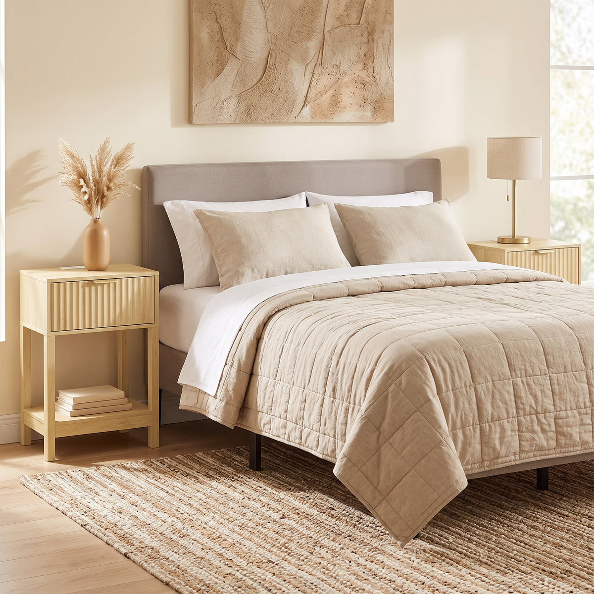Set of 2 Fluted Bedside Tables with USB-C Charging Stations - Oak Effect