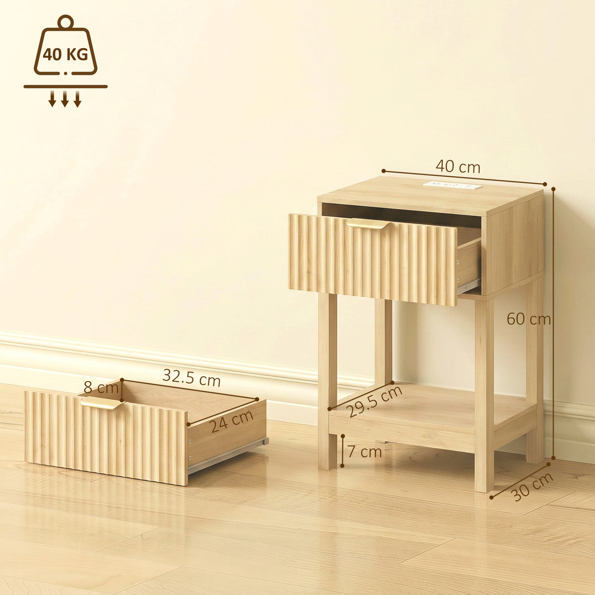 Set of 2 Fluted Bedside Tables with USB-C Charging Stations - Oak Effect