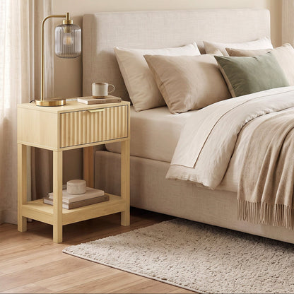 Set of 2 Fluted Bedside Tables with USB-C Charging Stations - Oak Effect