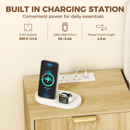 Set of 2 Fluted Bedside Tables with USB-C Charging Stations - Oak Effect