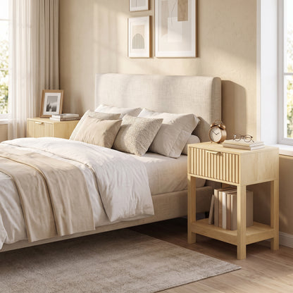Set of 2 Fluted Bedside Tables with USB-C Charging Stations - Oak Effect