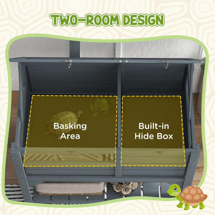 Tortoise House w/ Shelf, Small Pet Reptile Wooden House w/ Hide Shelter Den and Run, Lamp Holder, Tray, for Indoors, Outdoors - Grey