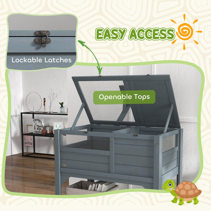 Tortoise House w/ Shelf, Small Pet Reptile Wooden House w/ Hide Shelter Den and Run, Lamp Holder, Tray, for Indoors, Outdoors - Grey