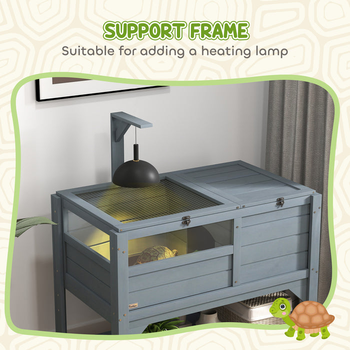 Tortoise House w/ Shelf, Small Pet Reptile Wooden House w/ Hide Shelter Den and Run, Lamp Holder, Tray, for Indoors, Outdoors - Grey