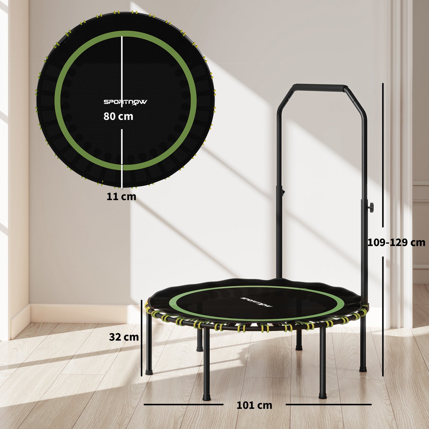 40'' Foldable Fitness Trampoline, Mini Trampoline Bungee Rebounder with 5-Level Adjustable Handle for Adults Indoor Outdoor Exercise, Green