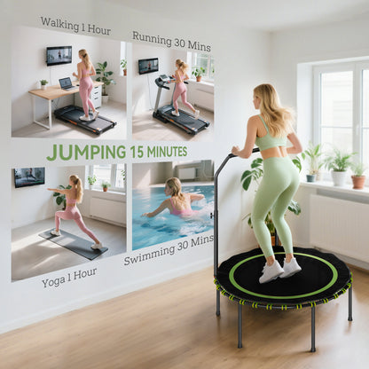 40'' Foldable Fitness Trampoline, Mini Trampoline Bungee Rebounder with 5-Level Adjustable Handle for Adults Indoor Outdoor Exercise, Green
