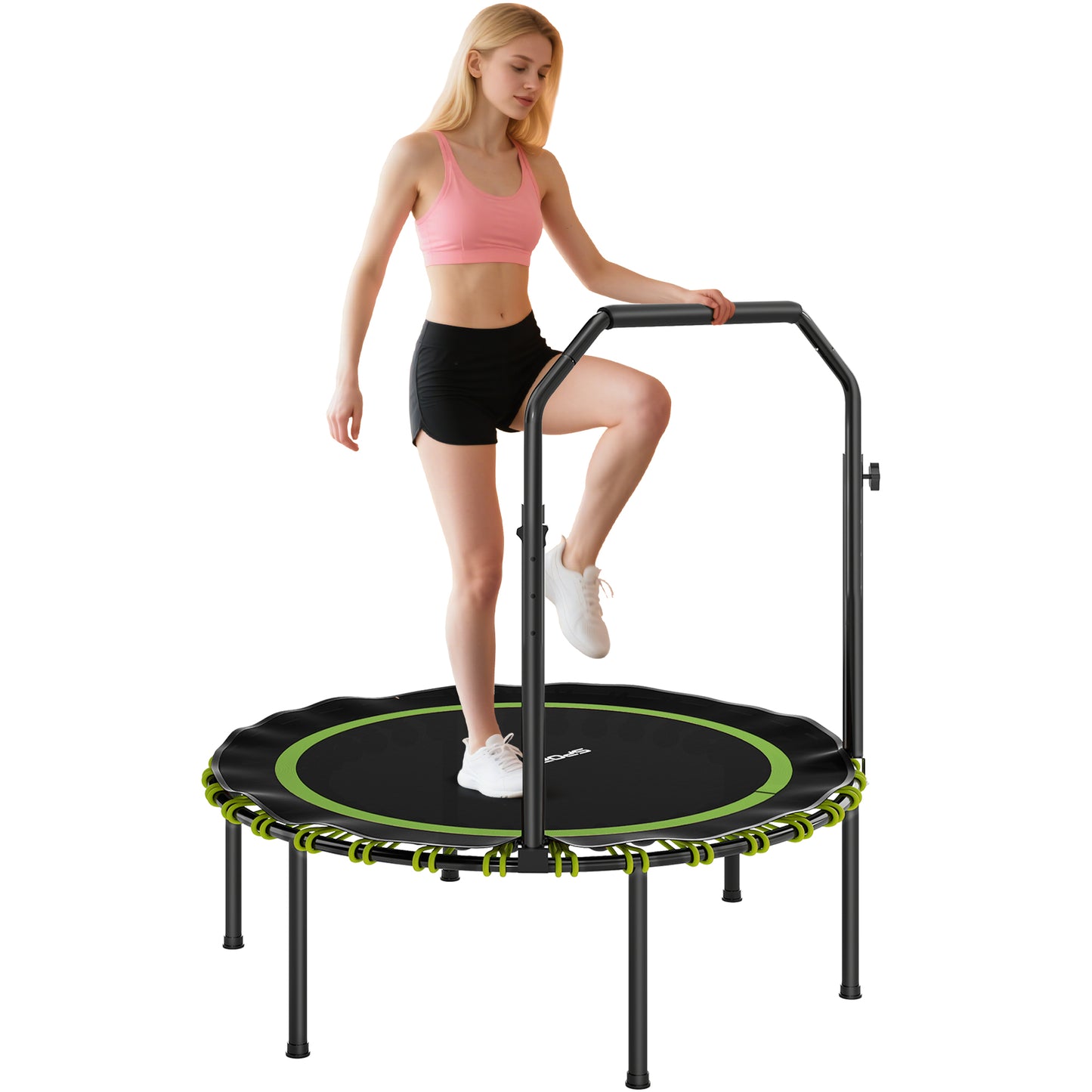 40'' Foldable Fitness Trampoline, Mini Trampoline Bungee Rebounder with 5-Level Adjustable Handle for Adults Indoor Outdoor Exercise, Green