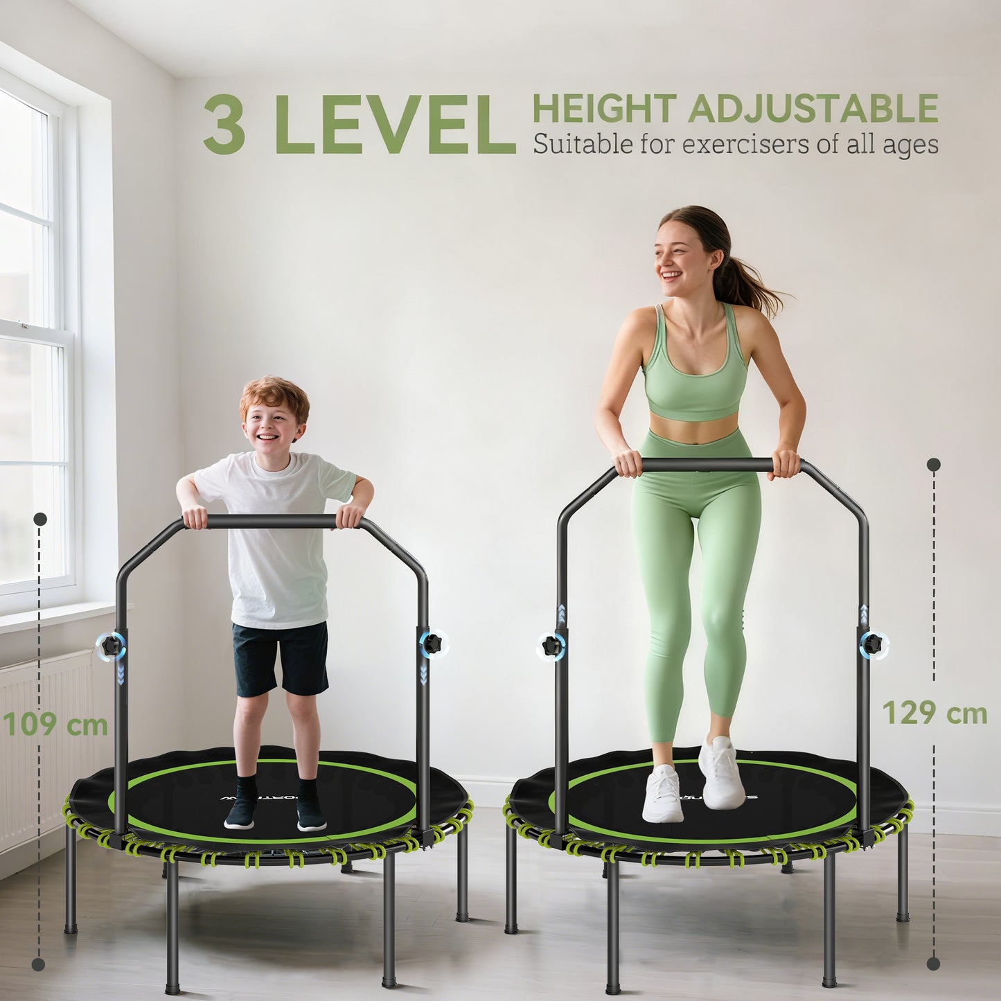40'' Foldable Fitness Trampoline, Mini Trampoline Bungee Rebounder with 5-Level Adjustable Handle for Adults Indoor Outdoor Exercise, Green