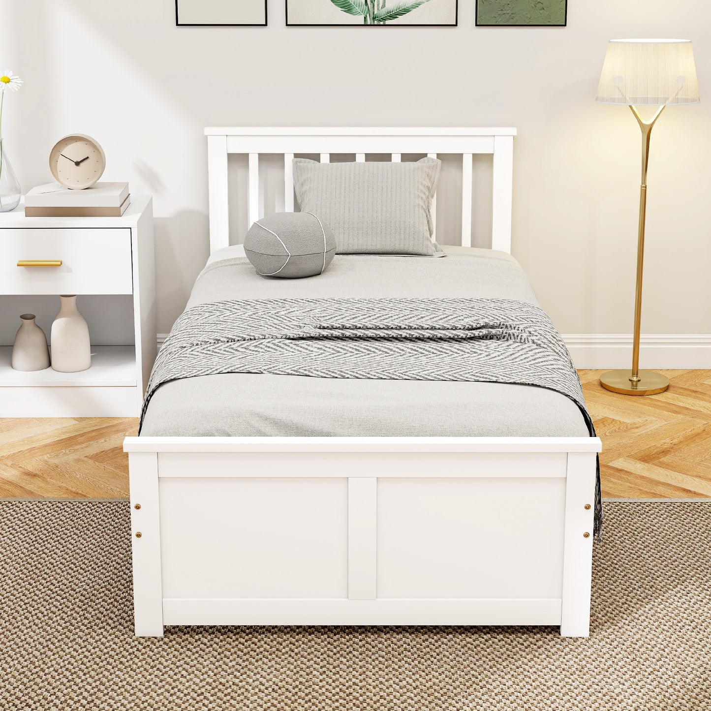 Wooden Single Storage Bed with 2 Drawers, Pine Wood Bed Frame, 90 x 190 cm, White