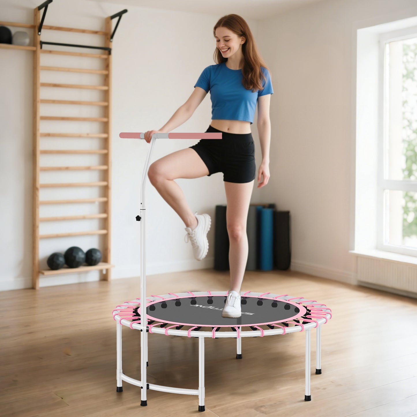 40" Fitness Trampoline, Mini Rebounder Trampoline for Adults with 5-Level Adjustable Handle, Indoor Exercise Bungee Rebounder, Max Load 100KG, Pink