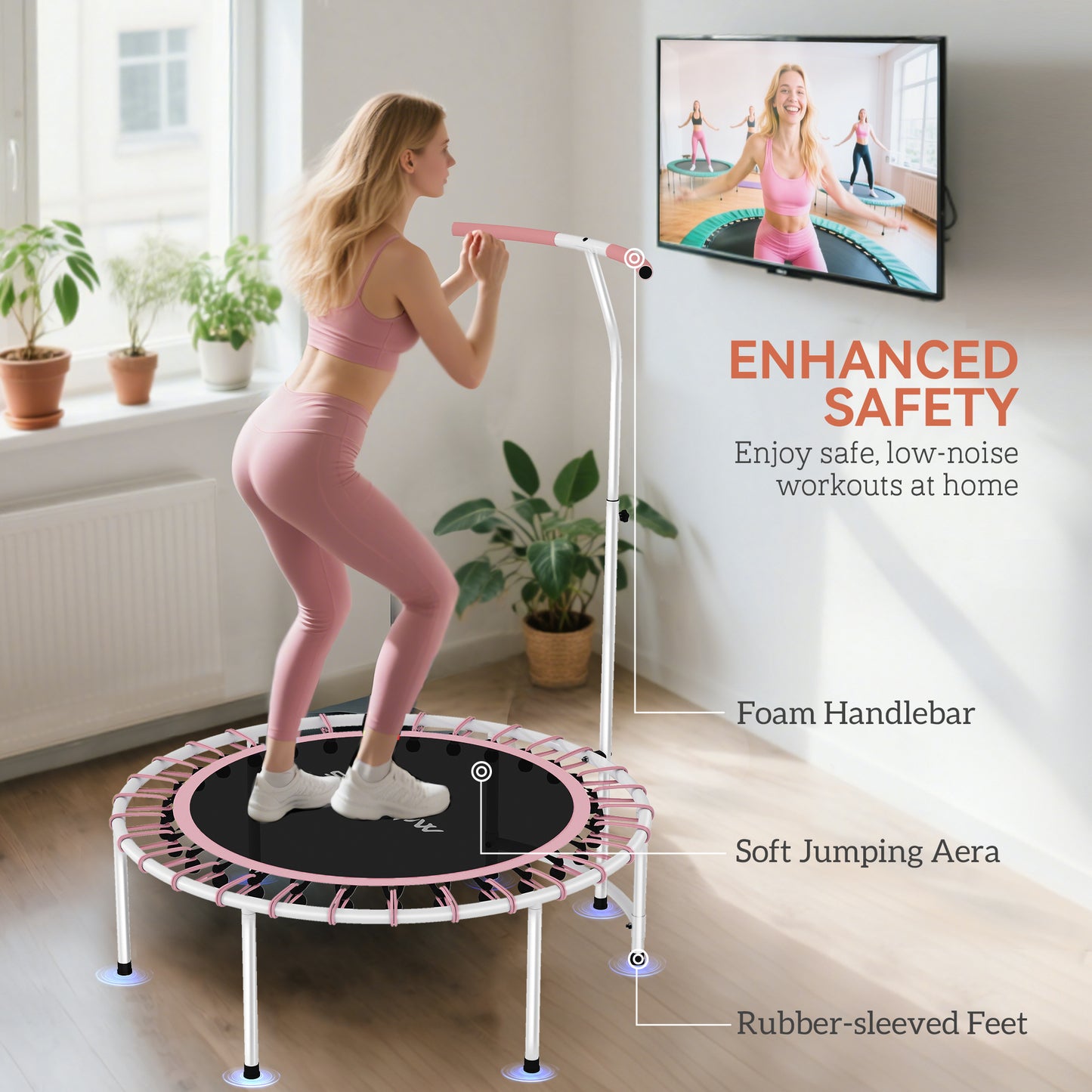 40" Fitness Trampoline, Mini Rebounder Trampoline for Adults with 5-Level Adjustable Handle, Indoor Exercise Bungee Rebounder, Max Load 100KG, Pink