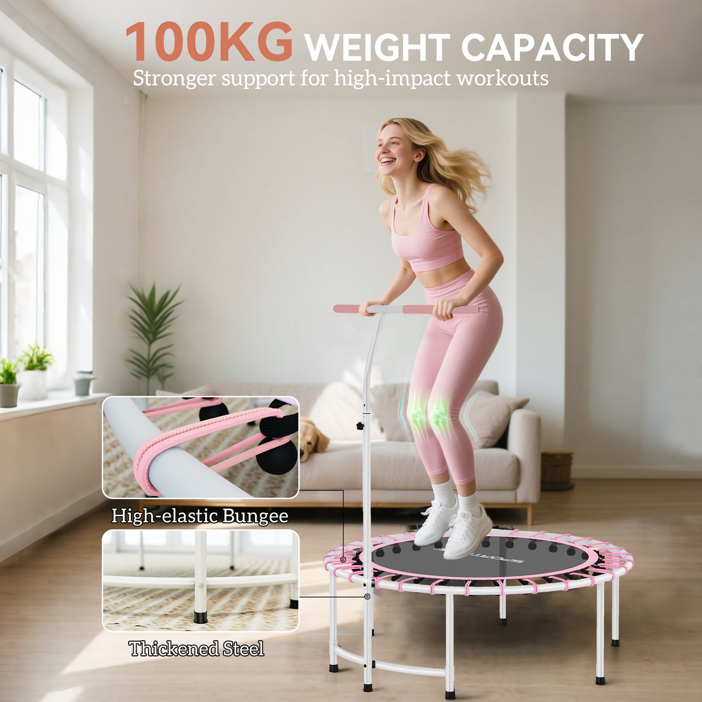 40" Fitness Trampoline, Mini Rebounder Trampoline for Adults with 5-Level Adjustable Handle, Indoor Exercise Bungee Rebounder, Max Load 100KG, Pink