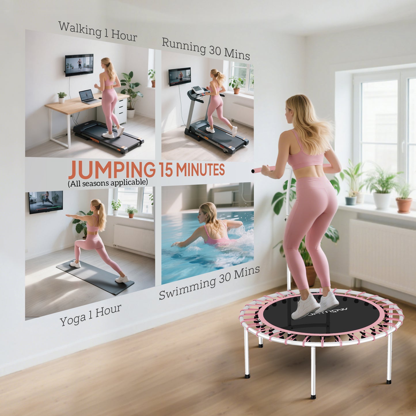 40" Fitness Trampoline, Mini Rebounder Trampoline for Adults with 5-Level Adjustable Handle, Indoor Exercise Bungee Rebounder, Max Load 100KG, Pink