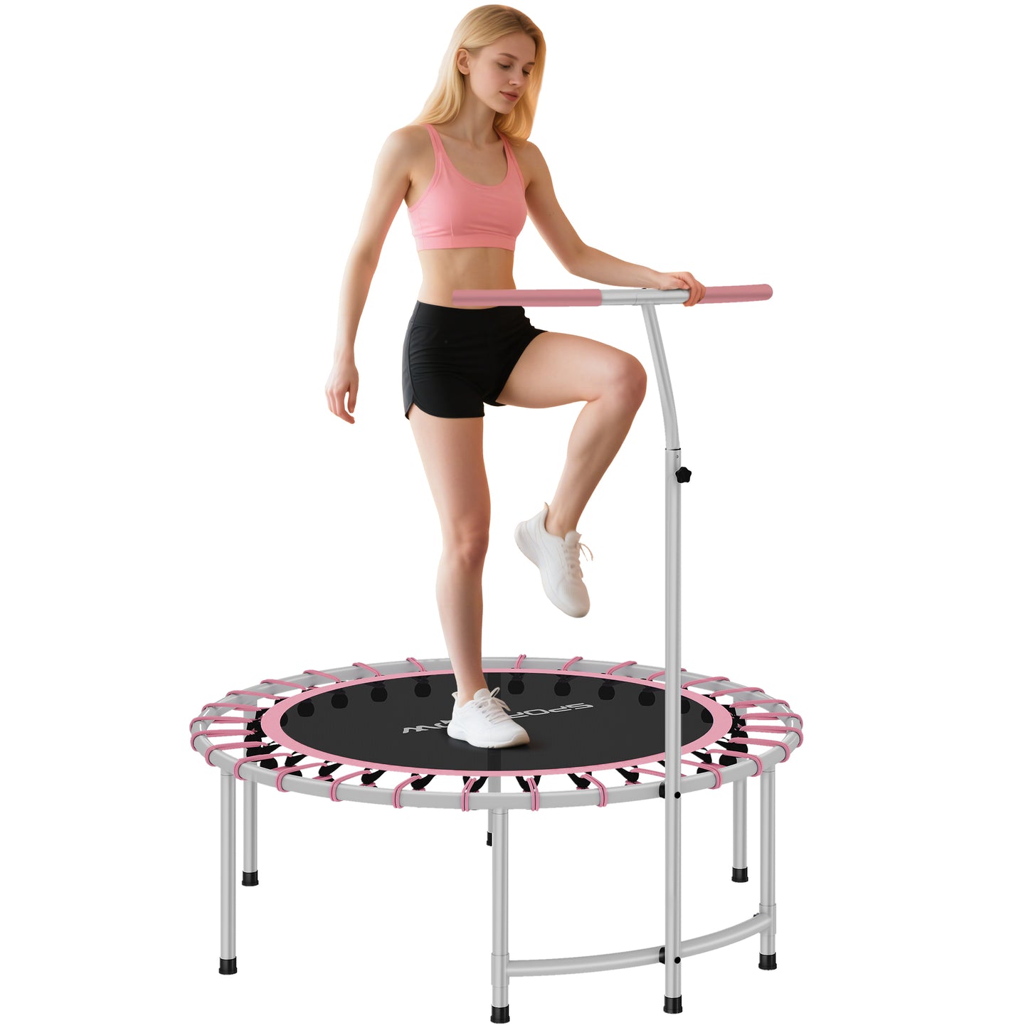 40" Fitness Trampoline, Mini Rebounder Trampoline for Adults with 5-Level Adjustable Handle, Indoor Exercise Bungee Rebounder, Max Load 100KG, Pink