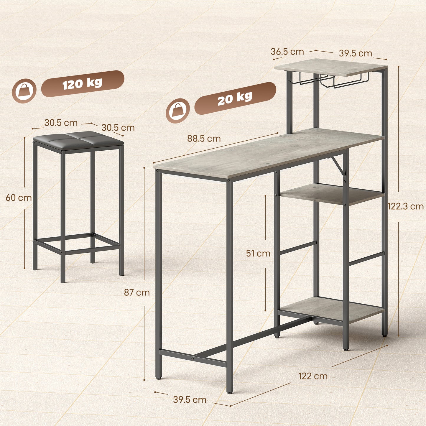3Pcs Breakfast Bar Table and Stools Set 4-tier shelving, Washed Grey