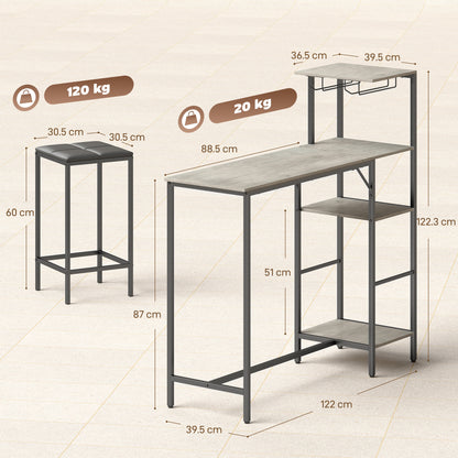 3Pcs Breakfast Bar Table and Stools Set 4-tier shelving, Washed Grey