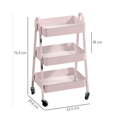 3-Tier Rolling Utility Cart Kitchen Storage Trolley on Wheels Pink