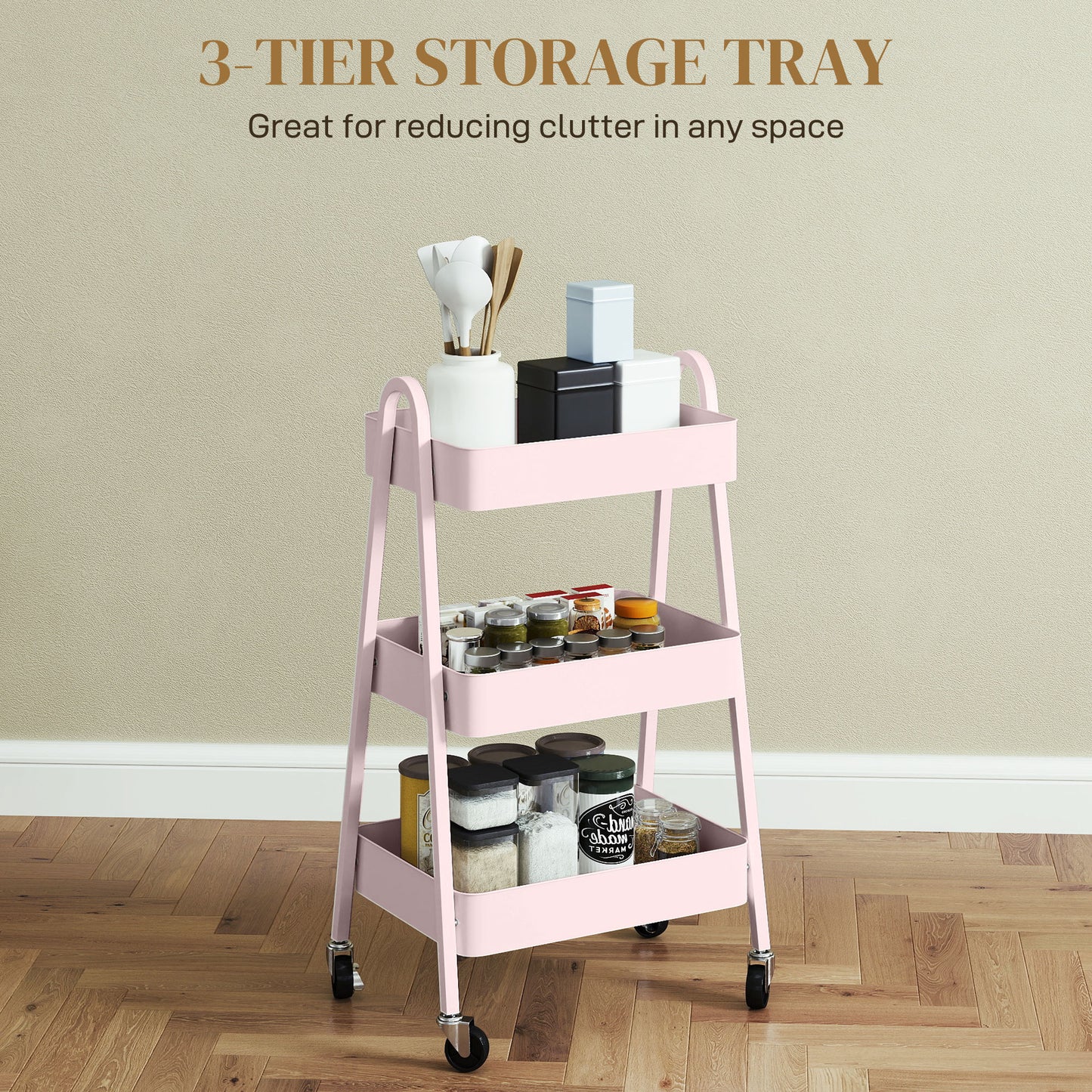 3-Tier Rolling Utility Cart Kitchen Storage Trolley on Wheels Pink