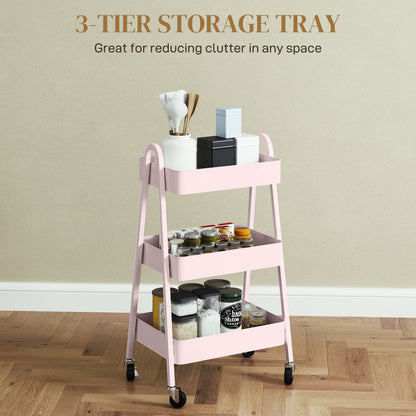 3-Tier Rolling Utility Cart Kitchen Storage Trolley on Wheels Pink