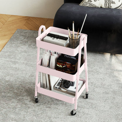 3-Tier Rolling Utility Cart Kitchen Storage Trolley on Wheels Pink