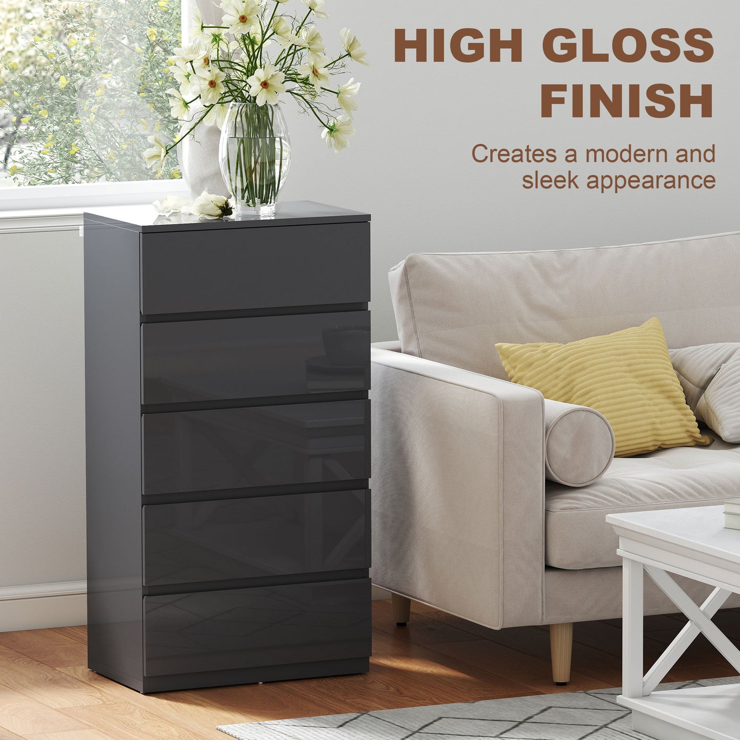 Bedroom Chest of Drawers, 5 Drawers Dresser, Drawer Unit, Grey