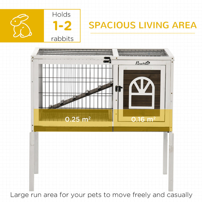 Wooden Rabbit Hutch with Openable Roof, Elevated Guinea Pig Cage with Ladder, Small Animal House w/ Slide-out Tray 90 x 53 x 87cm Coffee Brown