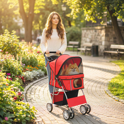 Dog Pram, Foldable Pet Stroller for Small Miniature Dogs Cats, Pet Buggy Pushchair with 360° Swivel EVA Wheels, Brake, Reflective Strips, Mesh Windows, Washable Cushion, Red