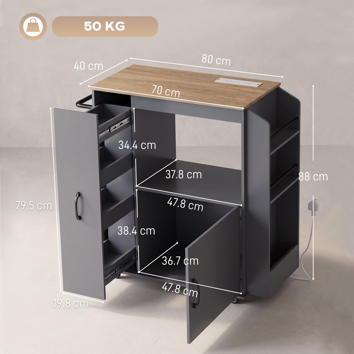 Kitchen Trolley on Wheels, Rolling Kitchen Cart with Power Outlet