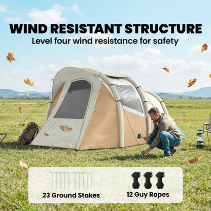 Inflatable Camping Tent w/ Air Pump, 2-3 Person Blow Up Tent, Khaki