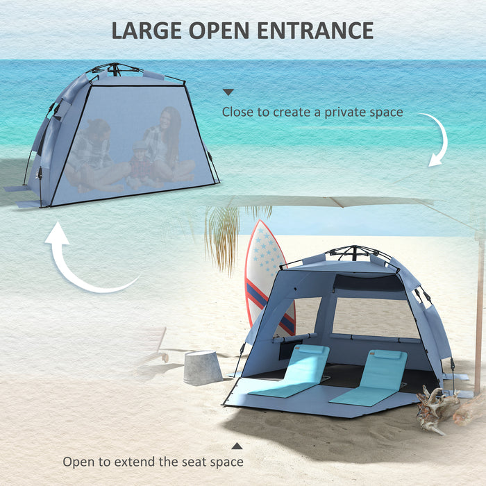 2-3 Person Pop Up Beach Tent, UPF15+ Sun Shelter with Extended Floor, Sandbags, Mesh Windows and Carry Bag, Blue