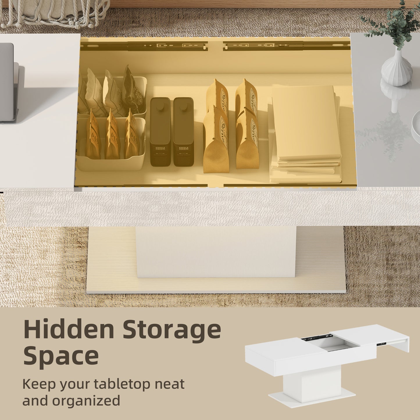 Extendable Coffee Table, Living Room Table with LED Lights, White