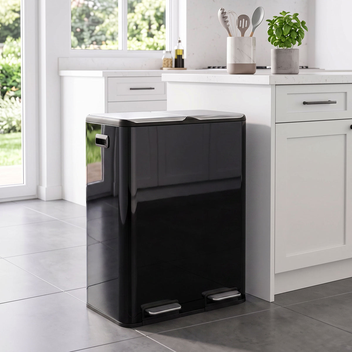 2x30L Kitchen Bin, Stainless Steel Recycling Bin, High Gloss Black