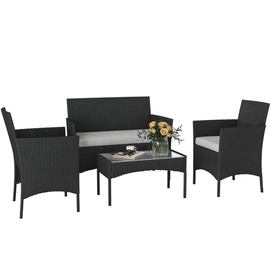 4 Piece Rattan Garden Furniture Sofa Set with Cushions, Black