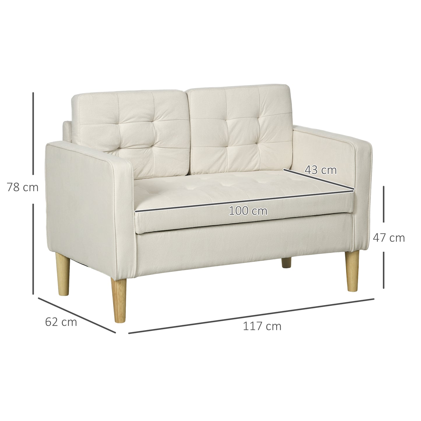 Modern Loveseat Sofa, Compact 2 Seater Sofa with Hidden Storage, 117cm Tufted Cotton Couch with Wood Legs, Cream White